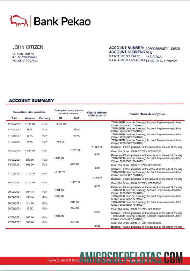 Exemplo do Poland Bank Pekao S.A.